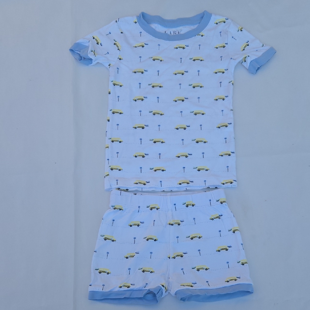 LAKE Kids White & Light Blue Car-Print Pajama Set — Comfortable Sleepwear
